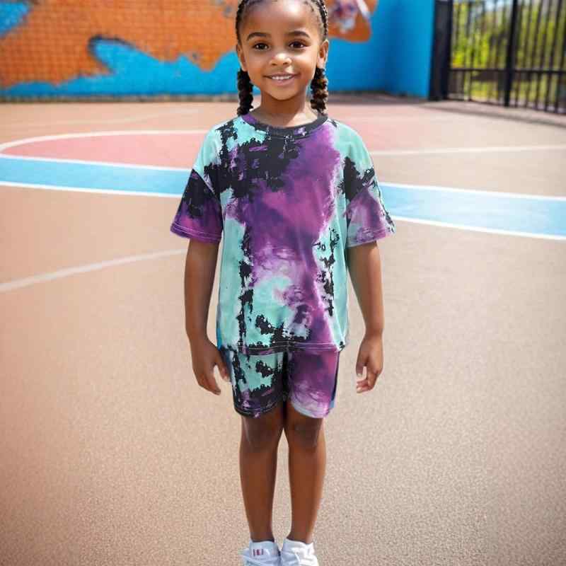 セットアップ キッズ 女の子 2点セット 半袖トップス ショートパンツ 絞り染め 総柄 プリント カジュアル おしゃれ 薄手 ポリエステル 混紡 ミックスカラー 普段使い 夏