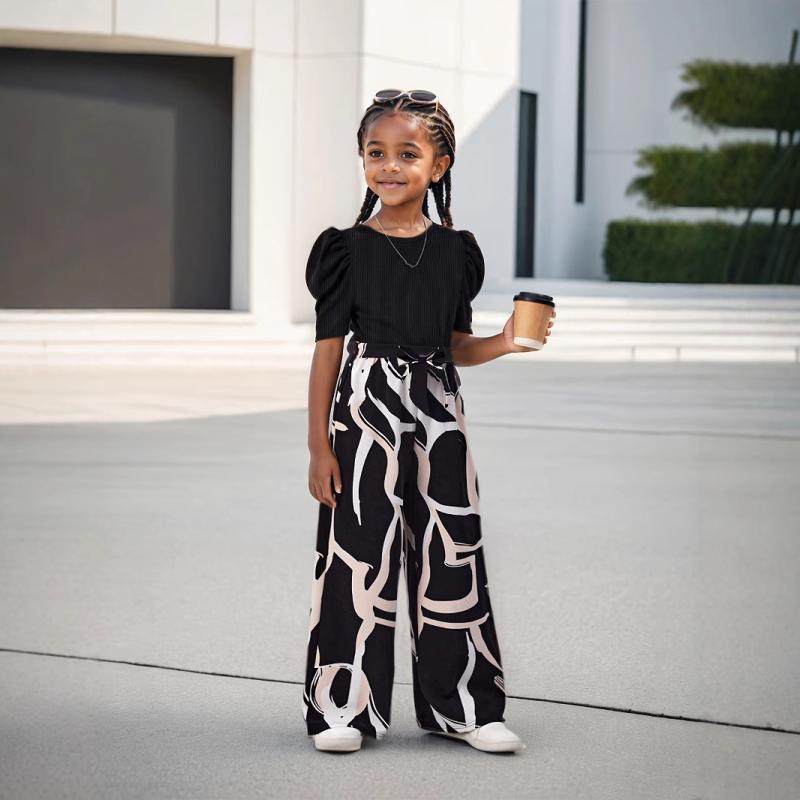 セットアップ 女の子 夏 花柄 フラワー プリント パフスリーブ 半袖 トップス ワイドパンツ 上下セット 薄手 柔らかい ポリエステル カジュアル ファッション 子供服 キッズ