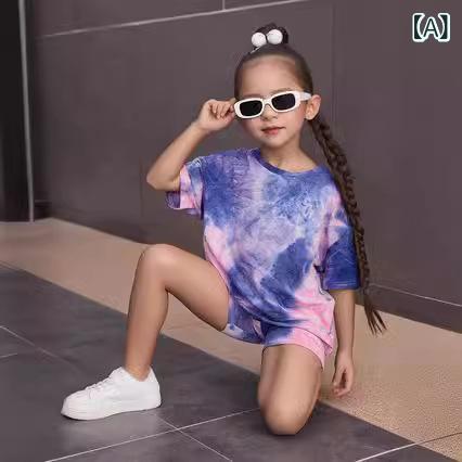 キッズ 女の子 夏 サマー 半袖 ショートパンツ セットアップ 上下セット スポーツ アクティブウェア 絞り染め タイダイ柄 総柄 プリント 薄手 柔らかい ポリエステル ミックスカラー 普段使い 部屋着 カジュアル