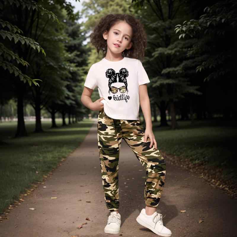 キッズ ガールズ セットアップ 半袖トップス ロングパンツ 迷彩柄 総柄プリント カジュアル おしゃれ 普段使い 夏物 ポリエステル混紡 柔らか素材 カーキ