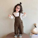 セットアップ 女の子 キッズ 子供服 ヒョウ柄 サロペット オーバーオール 2点セット 韓国風 おしゃれ カジュアル 長袖 トップス ロングパンツ 春秋 綿混 ポリエステル ブラウン 普段使い お出かけ