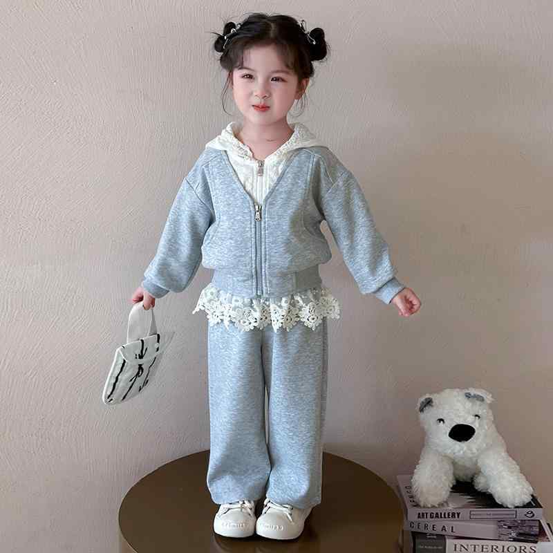 セットアップ 女の子 ガールズ キッズ 春秋 韓国風 レース フリル 花柄 フード付き パーカー スウェット 長袖 上下セット 綿混 コットンブレンド パンツスタイル カジュアル 普段着 ルームウェア おしゃれ かわいい グレー ライトパープル
