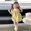 サロペットスカート 女の子 キッズ 夏服 ジャンパースカート 半袖 セットアップ ベビー服 ツーピース かわいい おしゃれ カジュアル 薄手 綿混紡 普段使い グリーン ベージュ