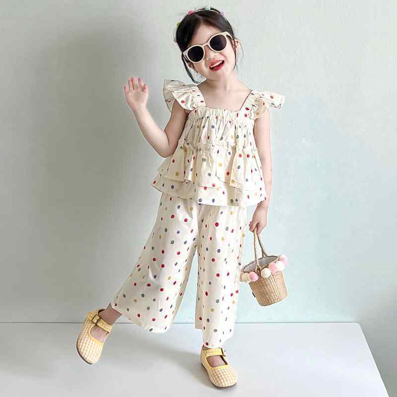 セットアップ 女の子 キッズ 子供服 夏 サマー キャミソール タンクトップ ワイドパンツ ドット柄 水玉模様 2点セット 薄手 涼しい かわいい おしゃれ 普段使い お出かけ ポリエステル オフホワイト