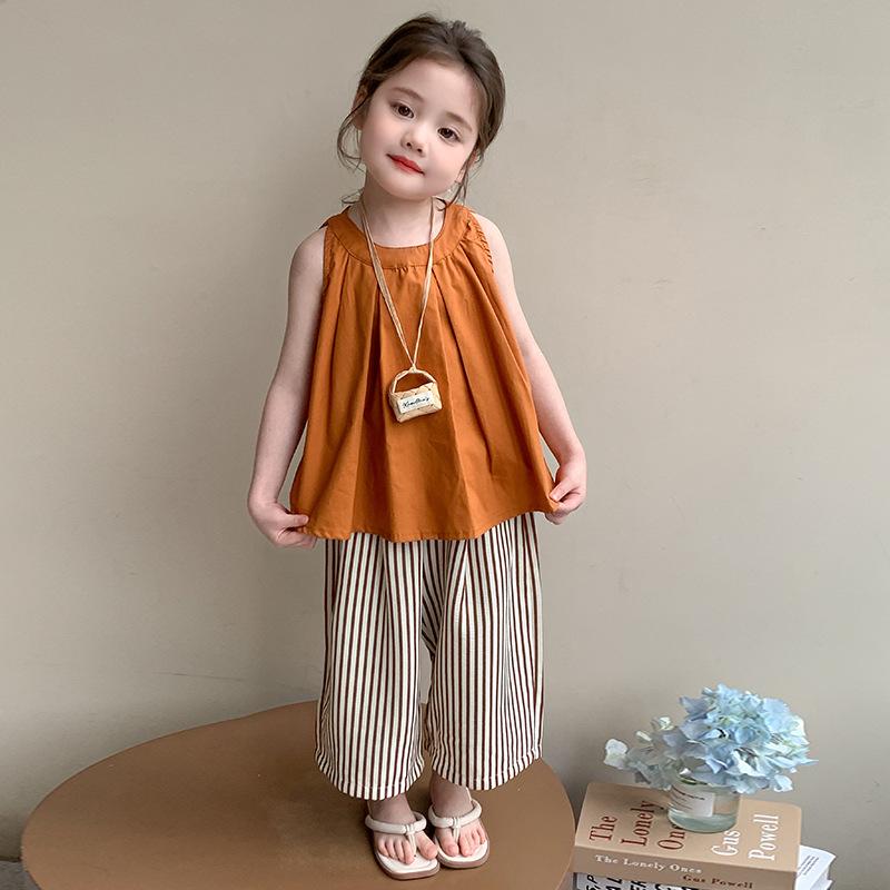 セットアップ 女の子 キッズ 夏 薄手 ノースリーブ タンクトップ ベスト ワイドパンツ ガウチョパンツ クロップド丈 ゆったり 2点セット ポリエステル 韓国風 カジュアル 普段使い お出かけ
