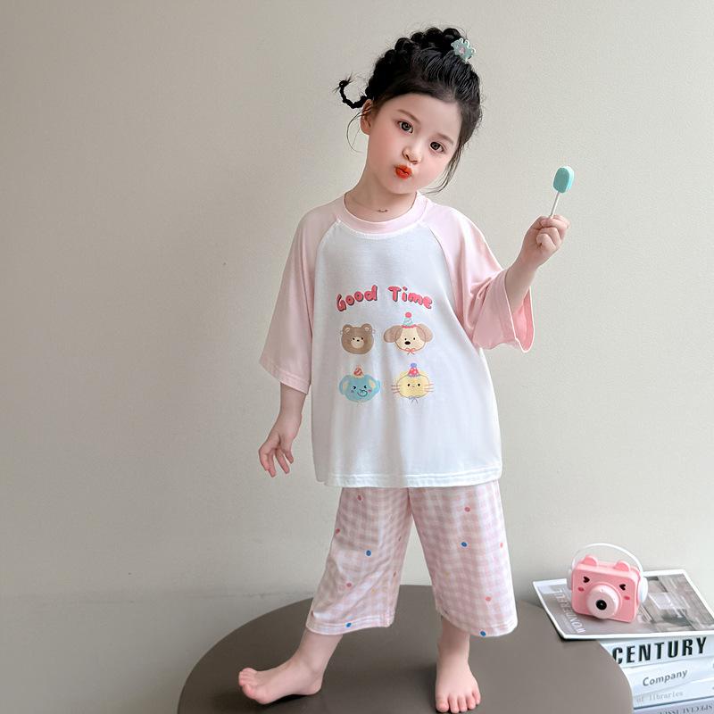 パジャマ 女の子 ガールズ キッズ ベビー モダール 再生繊維 綿混 薄手 半袖 ショートパンツ キャラクター ルームウェア 部屋着 セットアップ 上下セット 春夏 快適 涼しい 肌触り良い ピンク