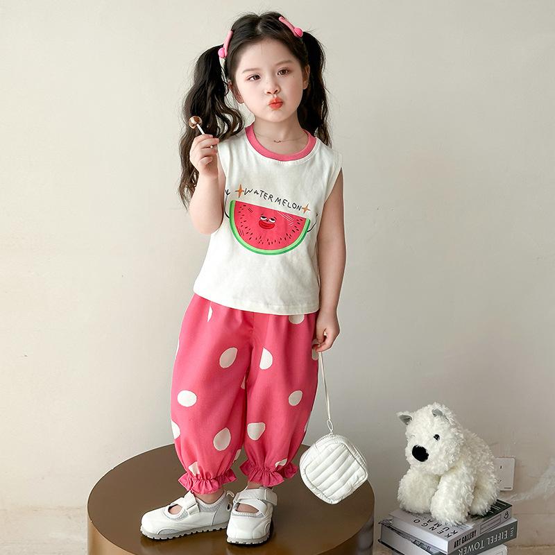キッズ 女の子 セットアップ 夏 サマー ノースリーブ タンクトップ パンツ 2点セット 綿混 薄手 柔らか 虫除け 9分丈 ボトムス カジュアル 普段使い 部屋着 ガールズ