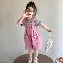 キッズ 女の子 サロペット セットアップ 半袖 ショートパンツ ストライプ 綿混 薄手 柔らかい カジュアル 韓国ファッション 春夏 ピンクパープル お出かけ 普段使い