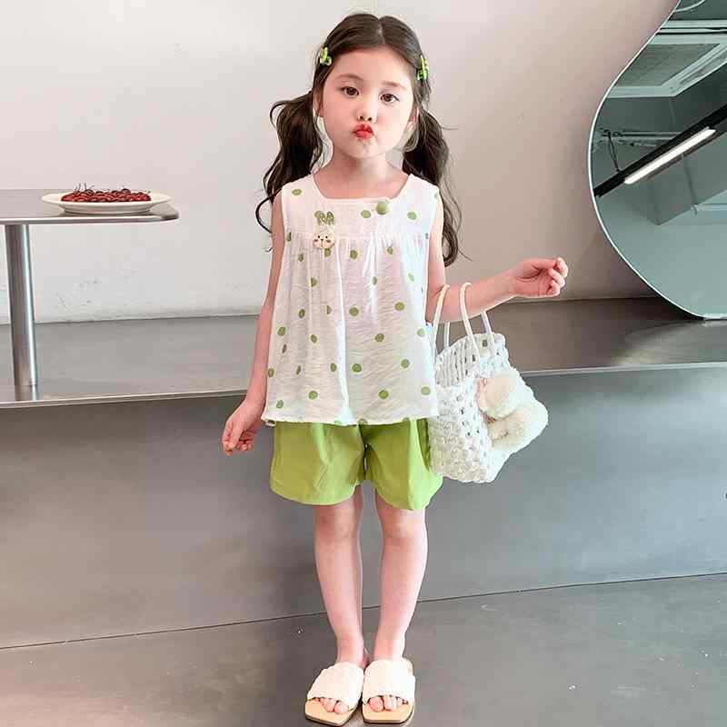 セットアップ ガールズ ドット柄 ノースリーブ タンクトップ 夏 薄手 ショートパンツ 2点セット キッズ 子供服 おしゃれ カジュアル 普段着 お出かけ リラックス ポリエステル グリーン
