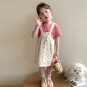 キッズ 女の子 子供服 サロペットワンピース 半袖Tシャツ 2点セット 春夏 薄手 軽量 涼しい 綿混 花柄 フラワー かわいい ガーリー ピンク 普段使い お出かけ着