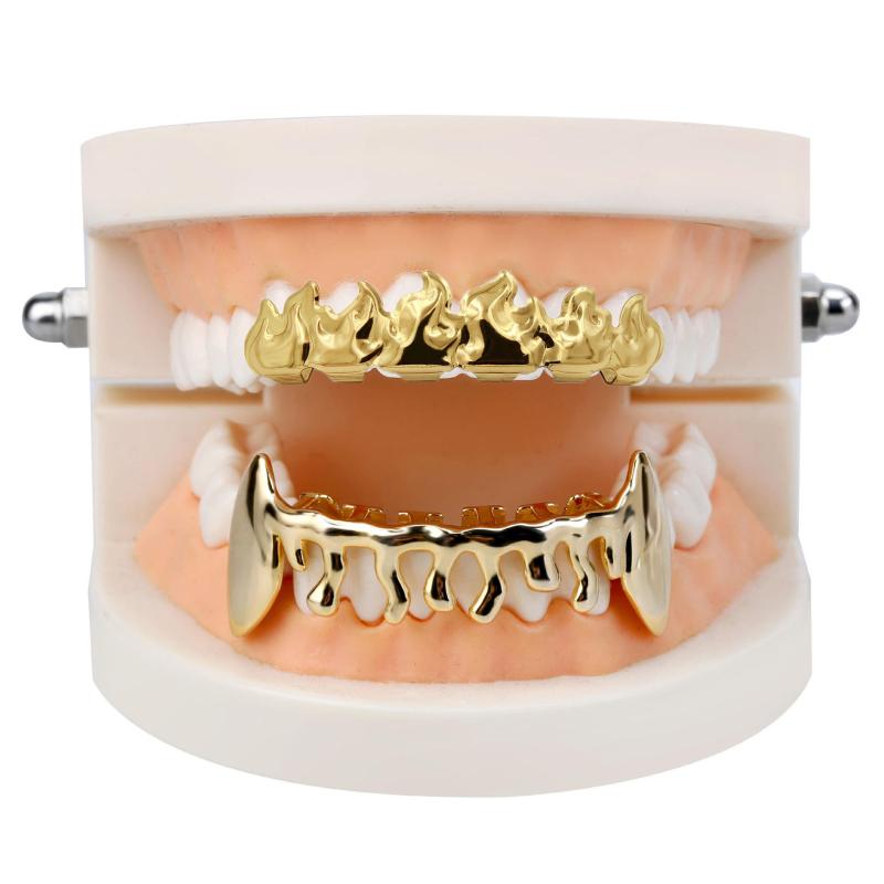 グリルズ ユニセックス ヒップホップ ヴァンパイア 炎 不規則デザイン U字型 銅製 ゴールド シルバー ストリートファッション ダンス 衣装 アクセサリー