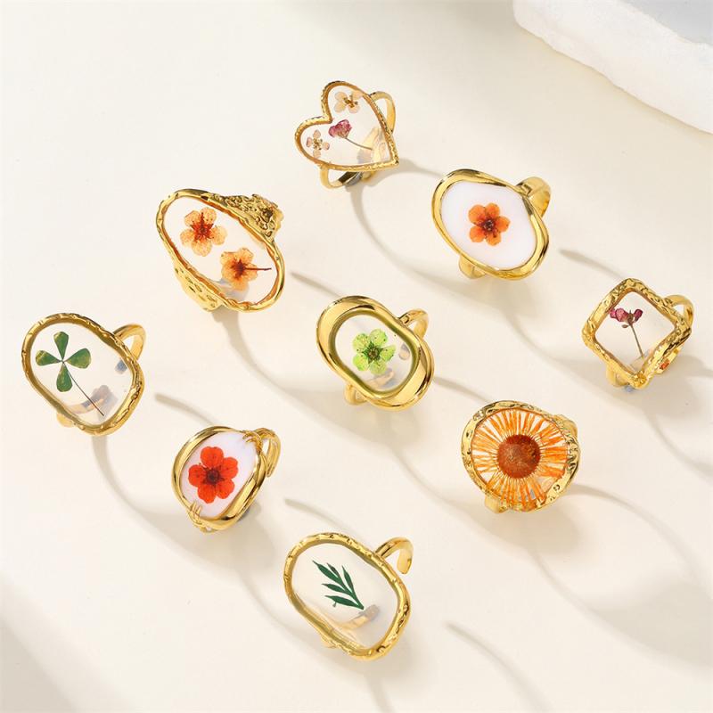 指輪 レディース ステンレス製 ゴールドカラー プリザーブドフラワー モチーフ オープンリング ユニー..