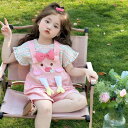 セットアップ 女の子 キッズ ベビー 半袖 サロペット ショートパンツ 2点セット 夏服 キャラクター かわいい おしゃれ 幼稚園 通園 普段使い 綿混 薄手 ピンク イエロー