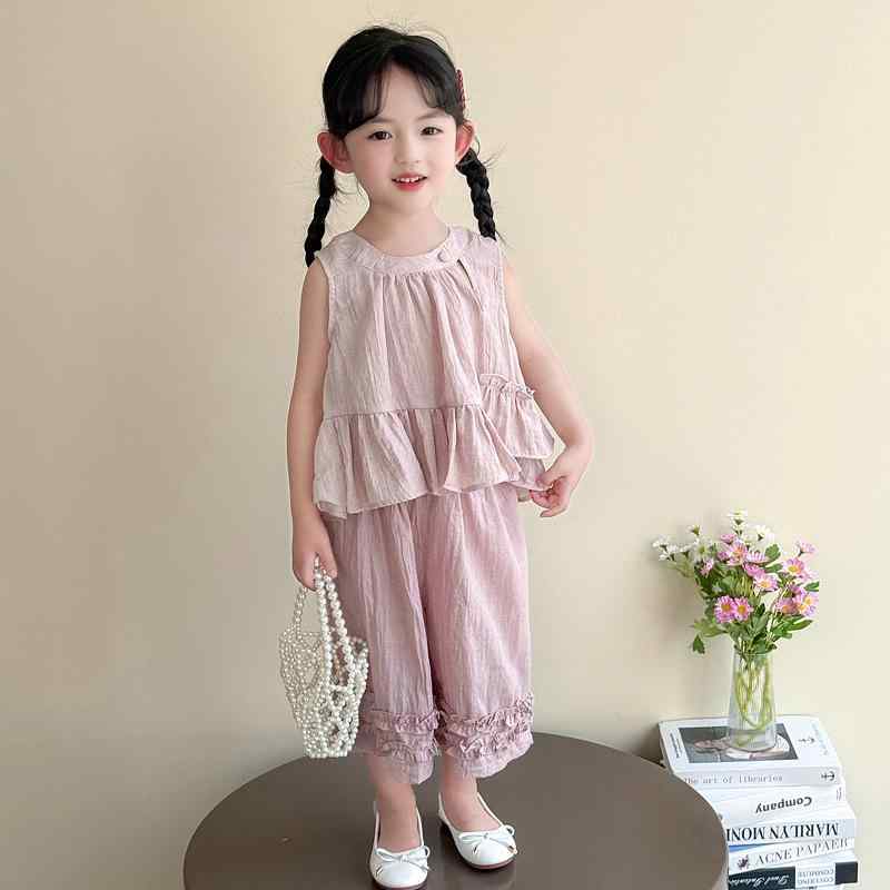 セットアップ キッズ 女の子 ベビー 夏物 薄手 カジュアル おしゃれ かわいい ノースリーブ 七分丈パンツ コットンブレンド 無地 韓国風 ピンク ライトグレー