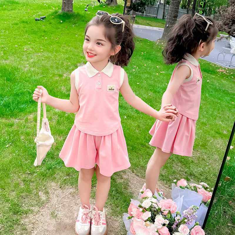 キッズ 女の子 スカートセット ポロシャツ ショートスカート 2点セット 夏服 おしゃれ ノースリーブ 薄手 ポリエステル カジュアル 普段使い お出かけ アイボリー ピンク