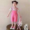 キッズ 女の子 セットアップ 春夏 おしゃれ かわいい ストライプ 半袖 Tシャツ 綿混 薄手 柔らかい サロペット ショートパンツ 2点セット ピンク 普段着 お出かけ