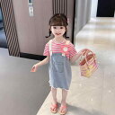セットアップ キッズ 女の子 半袖 Tシャツ デニム サロペット ストライプ柄 韓国風 おしゃれ かわいい 薄手 柔らかい 夏服