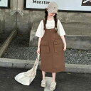 セットアップ ガールズ 子供服 ジュニア 半袖 Tシャツ プルオーバー ジャンパースカート サロペットスカート 韓国ファッション 薄手 速乾 綿 コットン 柔らかい カジュアル かわいい おしゃれ 春夏 ブラウン グリーン