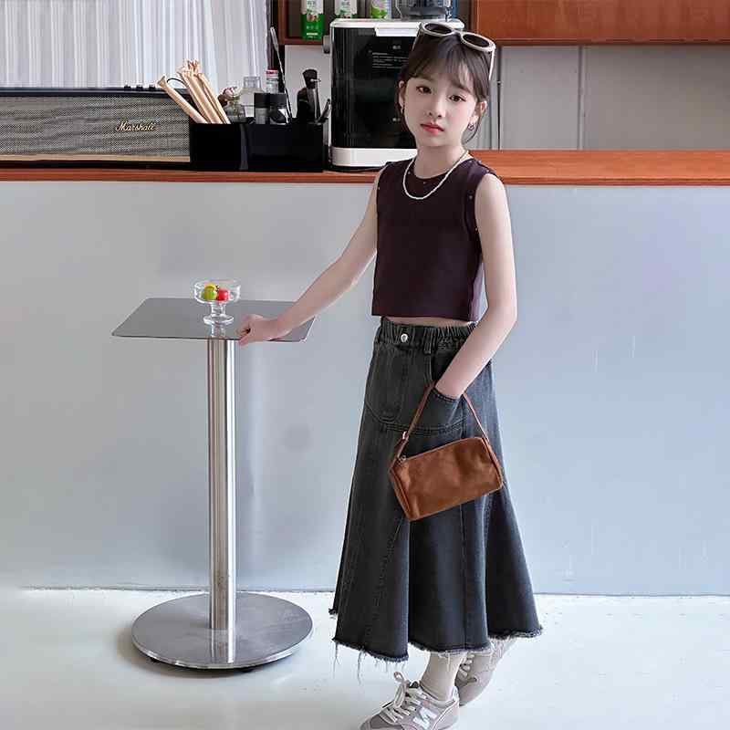 セットアップ 女の子 キッズ ノースリーブ トップス ベスト 綿 薄手 肌触り良い 無地 デニムスカート 夏 韓国風 カジュアル 普段使い