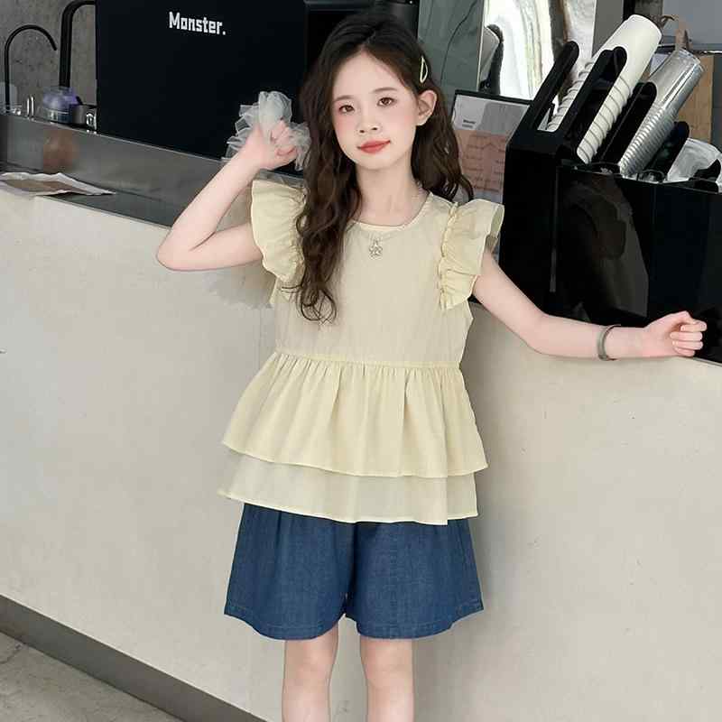 キッズ セットアップ ジュニア 女の子 夏 半袖 フリル袖 ブラウス ベビードール デニム ショートパンツ..