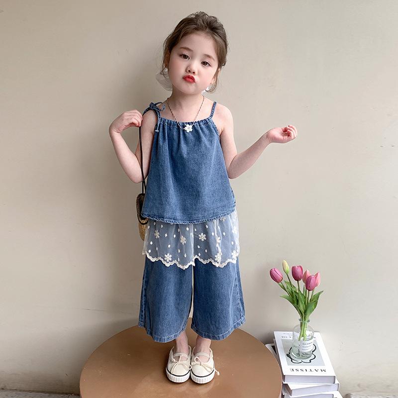 キッズ ガールズ デニム セットアップ キャミソール ノースリーブ ワイドパンツ 七分丈 ショートスカート スリーピース 薄手 軽量 ゆったり 柔らかい 春夏 ブルー カジュアル 普段使い お出かけ 韓国風