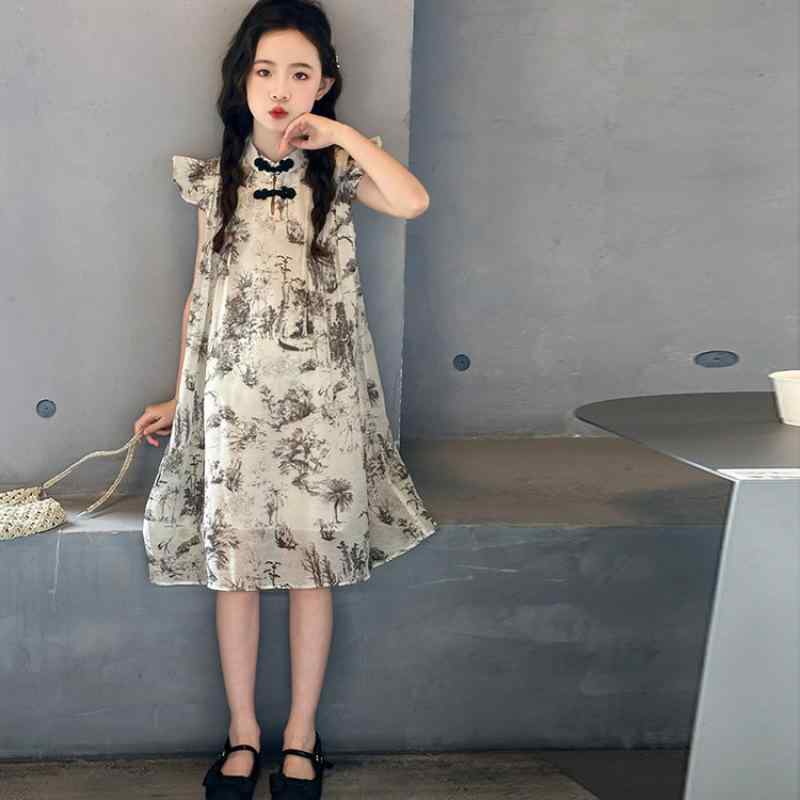 ワンピース 女の子 キッズ ジュニア 新チャイナ風 中華風 盤ボタン 水墨画柄 フリル袖 チュール プリン..