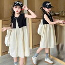 ワンピース キッズ 女の子 サマー 韓国ファッション 切り替え ノースリーブ 背中開き コットン ポリエステル 柔らかい肌触り ジュニア アプリコットカラー 普段使い お出かけ