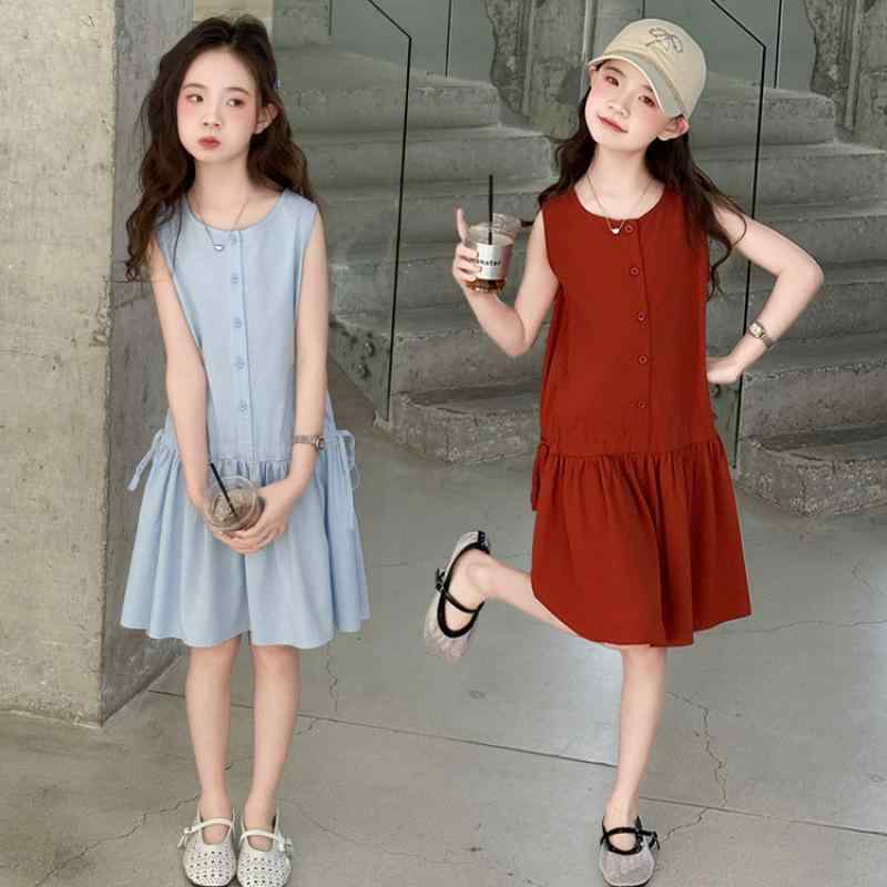 ワンピース キッズ 女の子 夏物 綿麻 ノースリーブ 切り替え ドローストリング ベストワンピース ゆっ..