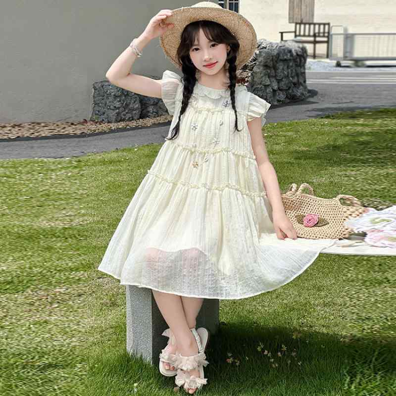 ワンピース 女の子 子供 キッズ ジュニア 夏 ロング丈 フリル袖 レース プリンセスドレス コットン ポ..
