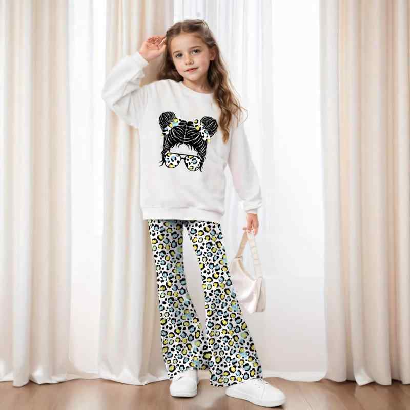 セットアップ 女の子 キッズ ジュニア プリントスウェット 長袖 ヒョウ柄フレアパンツ ロングパンツ カ..