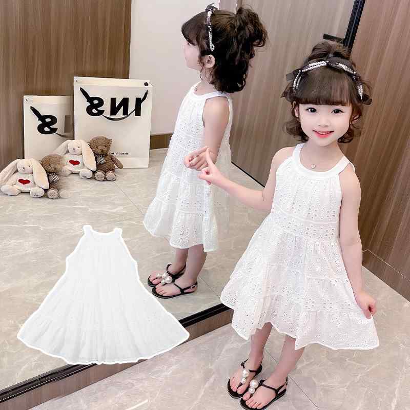ワンピース 女の子 キッズ 綿100% コットン ジャカード織り 織柄 薄手 ノースリーブ キャミソール プリンセスライン 韓国風 白 ホワイト 夏物 柔らか 肌触り