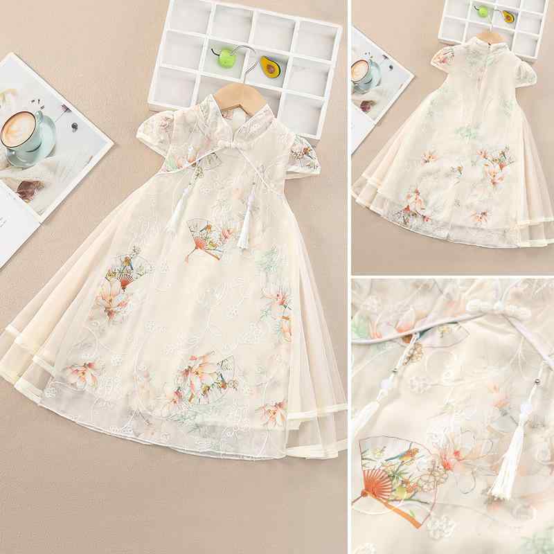 チャイナドレス キッズ 女の子 古風 漢服風 レトロ ワンピース エレガント 花柄 プリンセスドレス 中国風 薄手 ポリエステル素材 春夏 イベント 発表会 パーティー アプリコットカラー