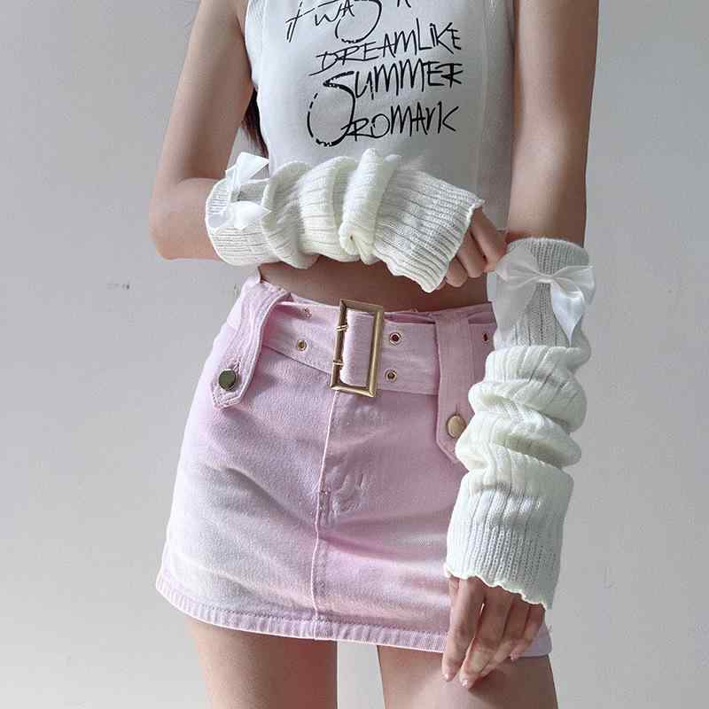 アームカバー レディース 秋冬 ニット アームウォーマー 保温 防寒 Y2Kギャル JKスタイル リボン ロング丈 ケーブル編み ボーダー柄 ホワイト ブラック 普段使い ストリート カジュアル(x2)