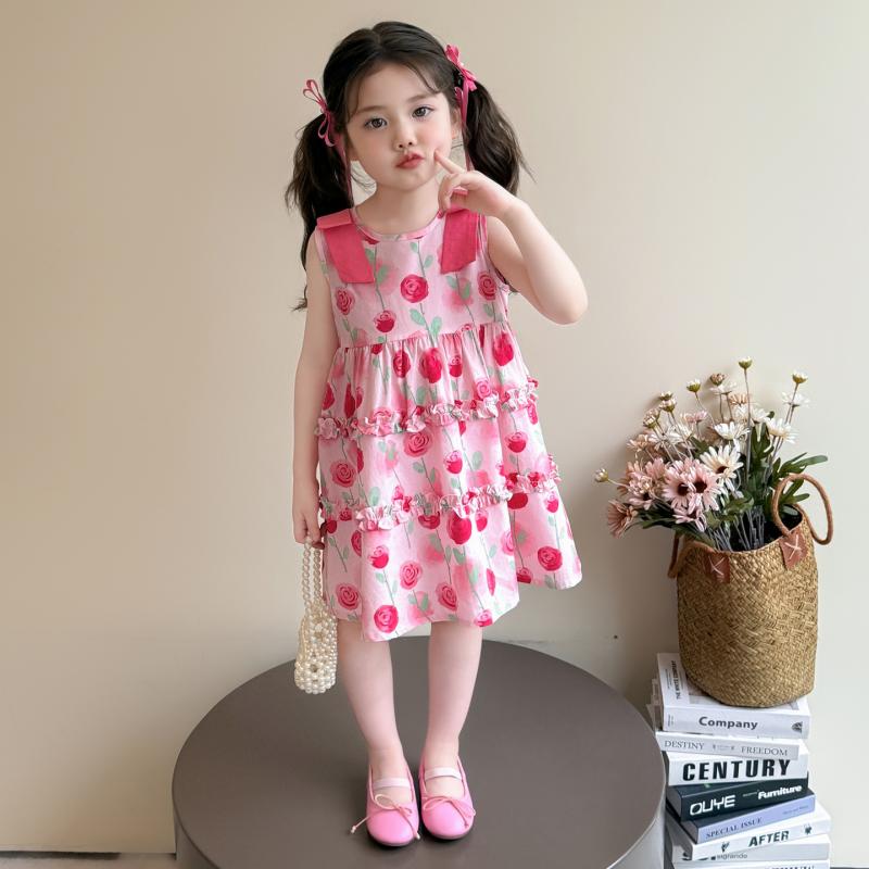 ワンピース 女の子 キッズ ローズ 花柄 リボン ノースリーブ キャミワンピース 薄手 春夏 おしゃれ か..