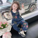 サロペット 女の子 キッズ オーバーオール デニムパンツ ゆったり ルーズフィット ドロップクロッチ コットン素材 花柄 ローズ カジュアル お出かけ 春秋