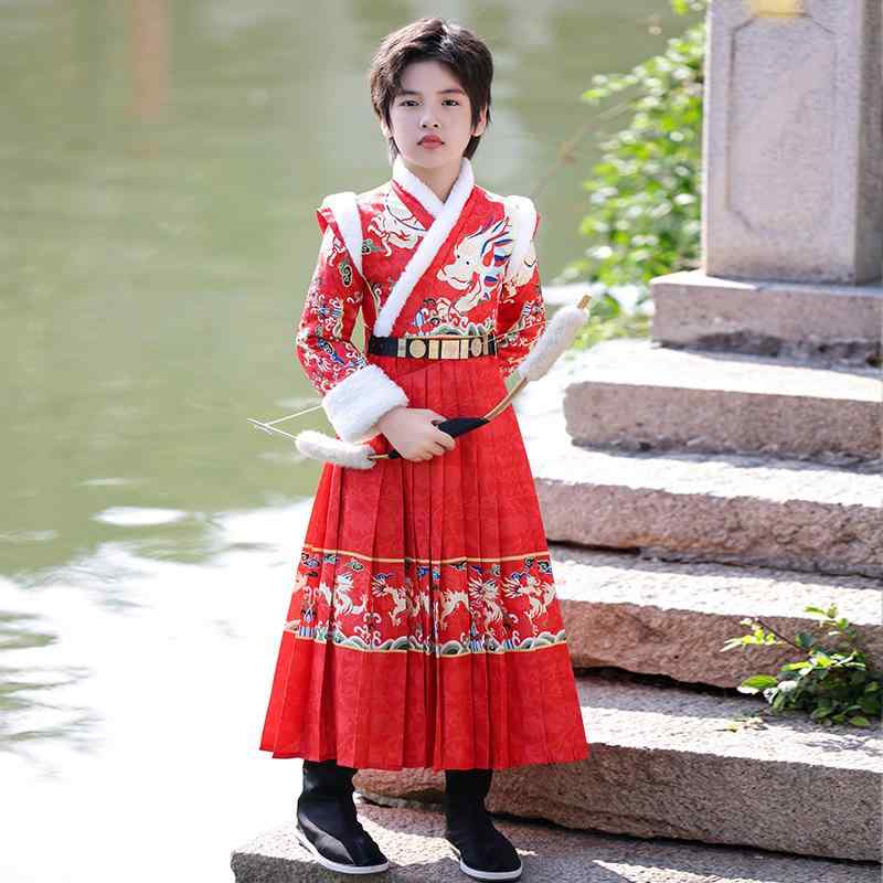 子供服 男の子 漢服 古装 秋冬 裏起毛 厚手 ポリエステル 馬面スカート 中国風 錦衣衛 飛魚服 侠客風 ..