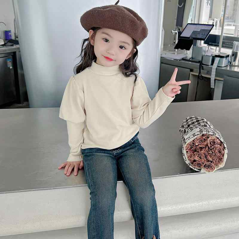 Tシャツ 女の子 キッズ 子供服 長袖 トップス パフスリーブ 綿混 無地 カジュアル 韓国風 おしゃれ カットソー デイリーユース 春秋 オフホワイト ブラウン