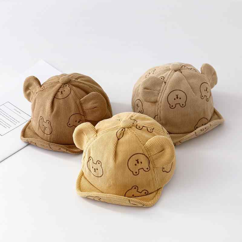 帽子 ベビー 赤ちゃん 乳幼児 男の子 女の子 キャップ つば付き 日よけ オールシーズン ポリエステル くま柄 カーキ ベージュ アイボリー系