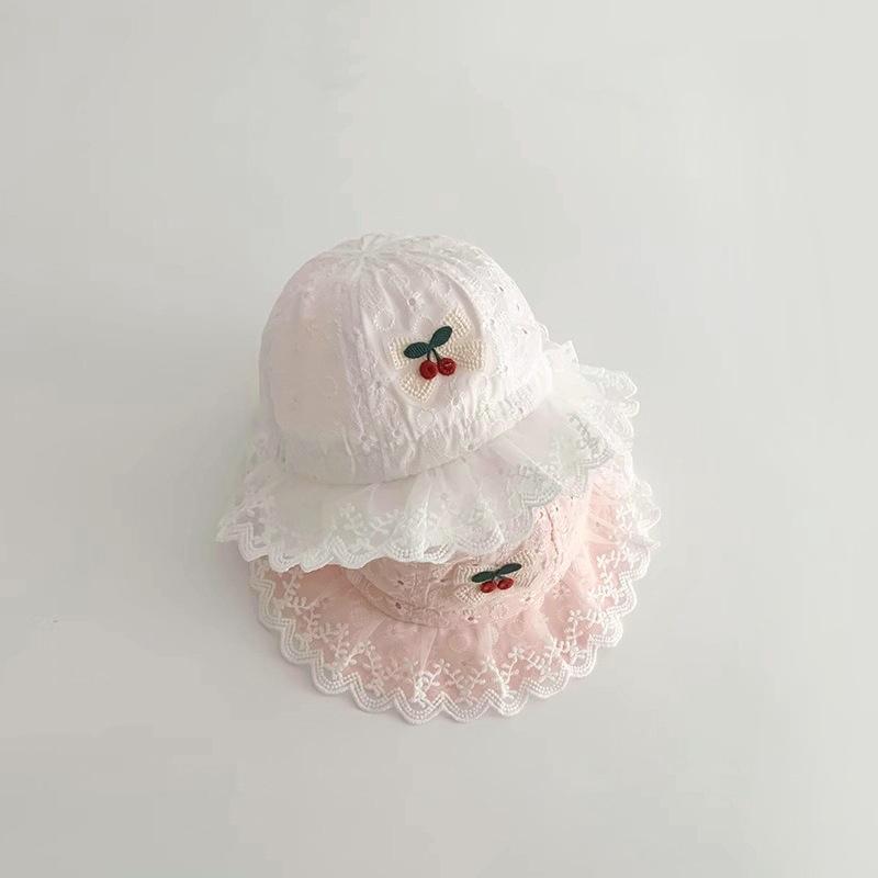ベビー 女の子 帽子 春夏 薄手 かわいい 韓国風 レースフリル プリンセス バケットハット 日よけ UV対策 コットン 通気性 お出かけ つば広 ピンク イエロー ホワイト