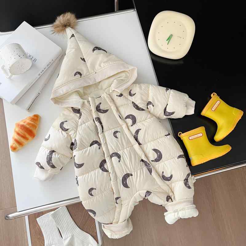 ベビー ロンパース 男の子 冬用 韓国風 綿 厚手 中綿入り あったか 防寒 お出かけ 長袖 フード付き ジ..