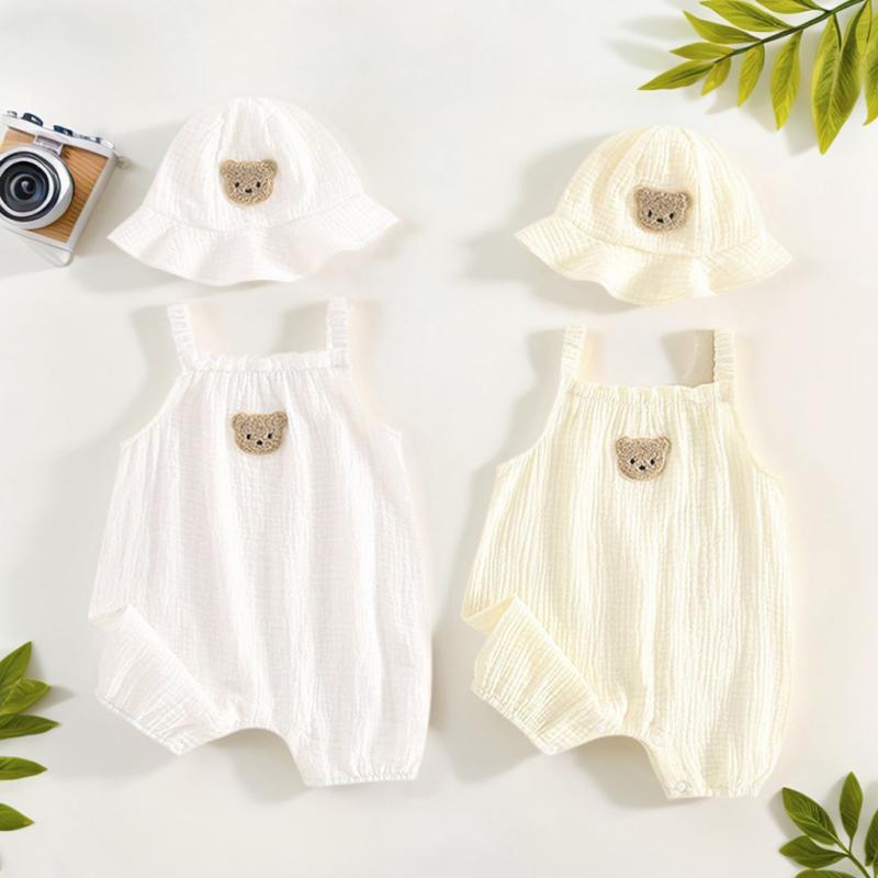ロンパース 新生児 ベビー 綿 ガーゼ 薄手 吸水速乾 柔らかい 肌触り クマ柄 キャミソール ノースリーブ 前開き スナップボタン ホワイト アイボリー 春夏 男女兼用 カバーオール ボディスーツ ルームウェア 普段着 安全(x2)