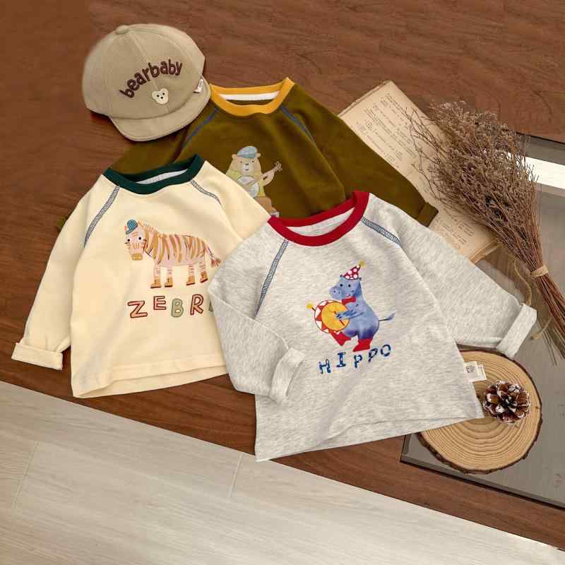 Tシャツ キッズ ベビー 男女兼用 長袖 綿100% 春秋 カートゥーン柄 アニマル柄 切り替え クルーネック カジュアル 着回し ソフトタッチ 吸湿速乾 インナー