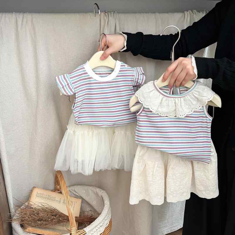 Tシャツ 女の子 ベビー キッズ 薄手 ノースリーブ フリル袖 ストライプ柄 韓国風 かわいい おしゃれ 着回し 普段使い 夏 吸湿速乾 ポリエステル 丸首トップス