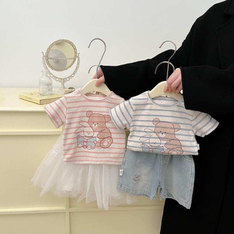 Tシャツ ガールズ ベビー服 韓国風 うさぎ耳 ストライプ 半袖 綿 吸湿速乾 クルーネック かわいい おしゃれ 春夏 カジュアル