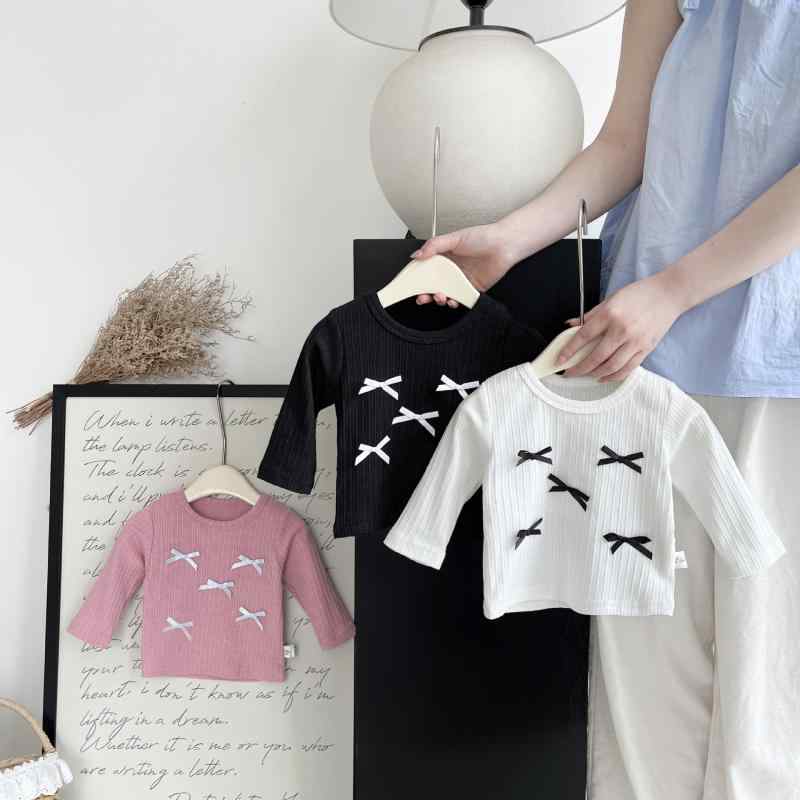 Tシャツ 女の子 ベビー 韓国ファッション 春秋 長袖 リボン かわいい 着回し 吸湿速乾 ソフトタッチ クルーネック ポリエステル 白 ピンク 黒
