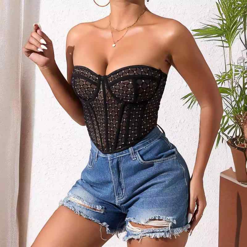 ベアトップ レディース 黒 ブラック コルセット風 ビスチェ タイト スリム ウエストマーク セクシー 大人 エレガント 細見え 春夏
