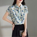 シャツ レディース POLO襟 半袖 小花柄 シフォン ブラウス 春夏 カジュアル エレガント ゆったり シングルボタン トップス 通勤 オフィス ラグラン袖 ポリエステル ホワイト お出かけ