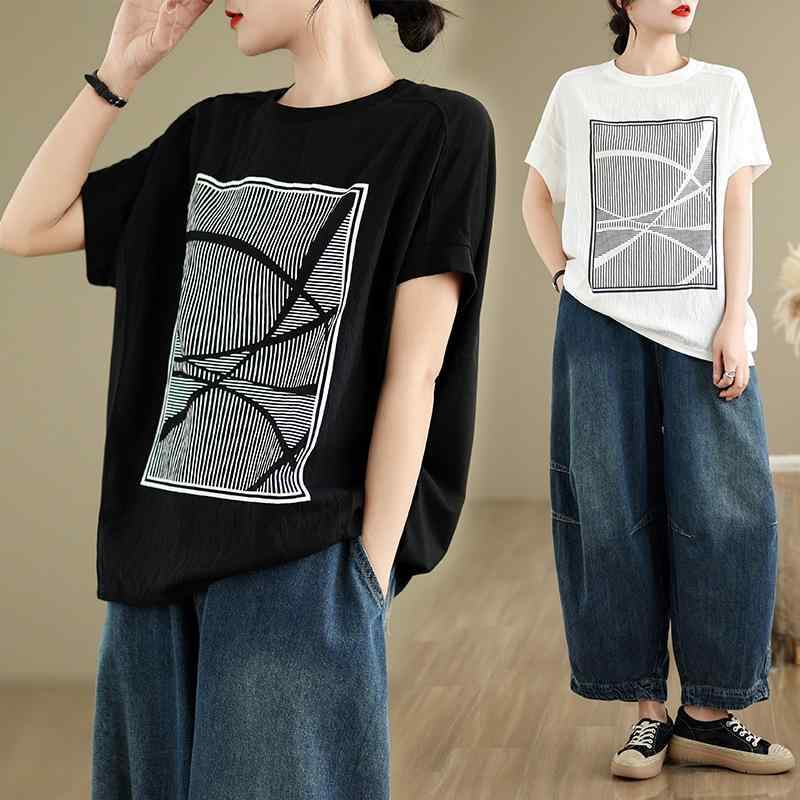 Tシャツ レディース 丸首 プルオーバー ドルマンスリーブ 半袖 ゆったり オーバーサイズ ビッグシルエット カジュアル ストリートファッション 幾何学柄 プリント 切り替え アクリル 春夏 ホワイト ブラック ブルー アプリコット