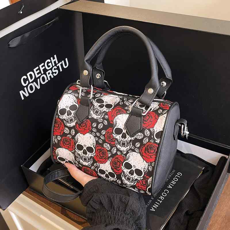 バッグ 高級感 PUレザー スカル 筒型 ハンドバッグ ショルダーバッグ ハロウィン レトロ 個性的 ユニーク トレンド ホワイト レッド