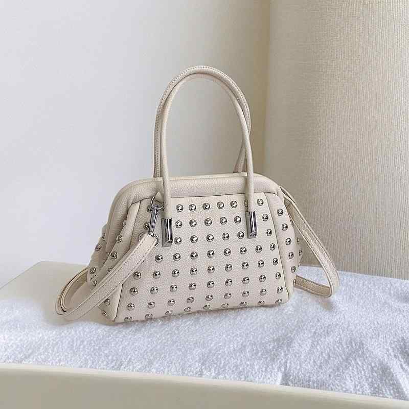 バッグ レディース パンク風 ラウンドスタッズ シェル型 ハンドバッグ ショルダーバッグ PUレザー ホワ..